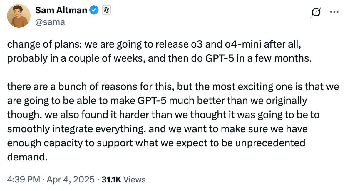 OpenAI раскрыли график выхода своих следующих моделей:
– Флагманская o3 выйдет через «пару недель» | Сетка — социальная сеть от hh.ru