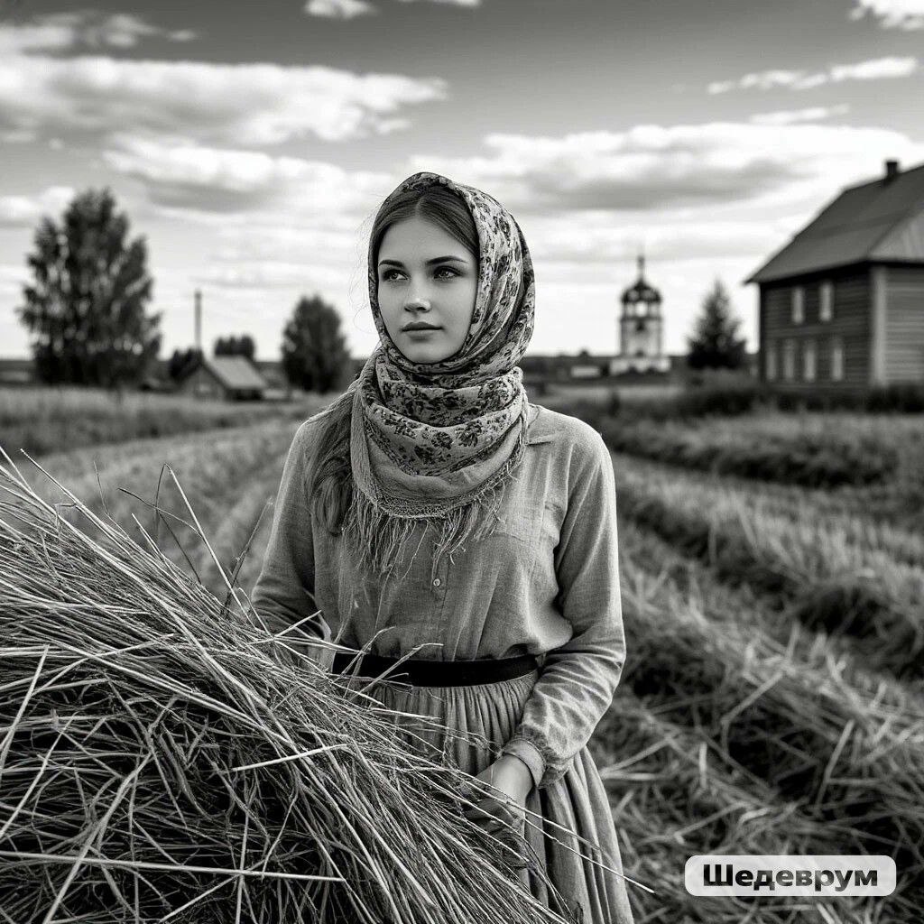 промпт: черно-белое фото,
русская деревня,
очень красивая девушка,
на голове девушки платок,
в полный рост,
сенокос в поле, винтаж, действие, необычный ракурс, эмоции | Сетка — социальная сеть от hh.ru