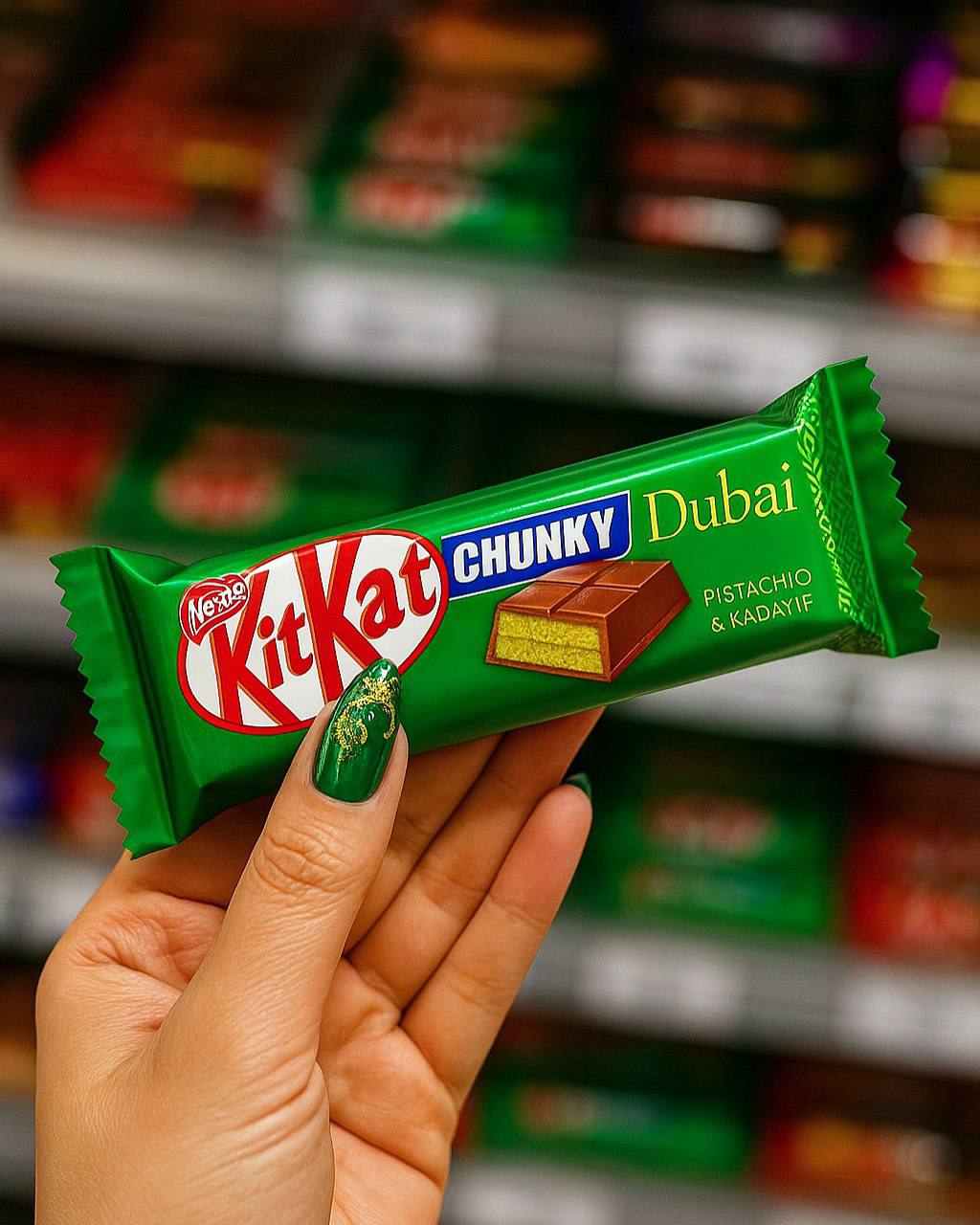 Аааа, британцы показали KitKat «Дубайский шоколад». По задумке, это стандартный шоколадный батончик с вафлей и фисташковой начинкой. Выглядит аппетитно, выпускайте 🥰 | Сетка — социальная сеть от hh.ru