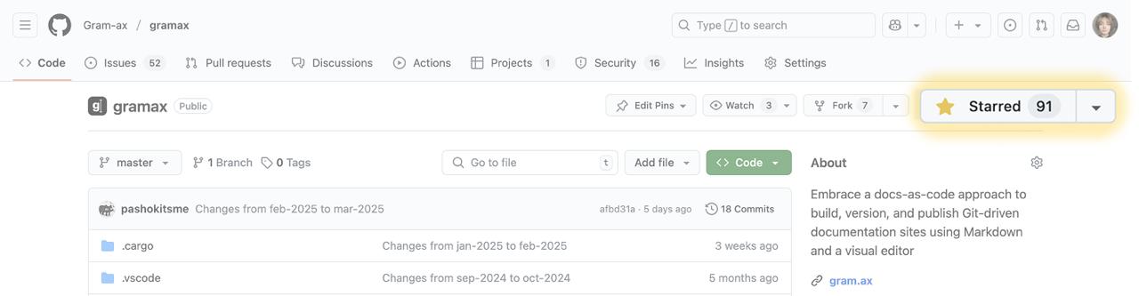 Кстати! Если вам нравится Gramax и вы хотите нас поддержать — поставьте звездочку нашему репозиторию на GitHub.
Всей командой радуемся, когда их количество растет! 👉👈 | Сетка — социальная сеть от hh.ru