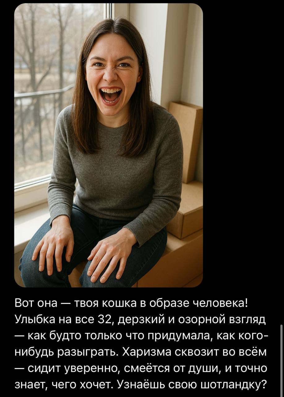 Промт для ChatGPT, который рисует ваше животное в человеческом образе:
Представь, если бы мое {название животного } была бы {пол животного}, покажи, как бы {он/она} выглядел без животных черт. | Сетка — социальная сеть от hh.ru