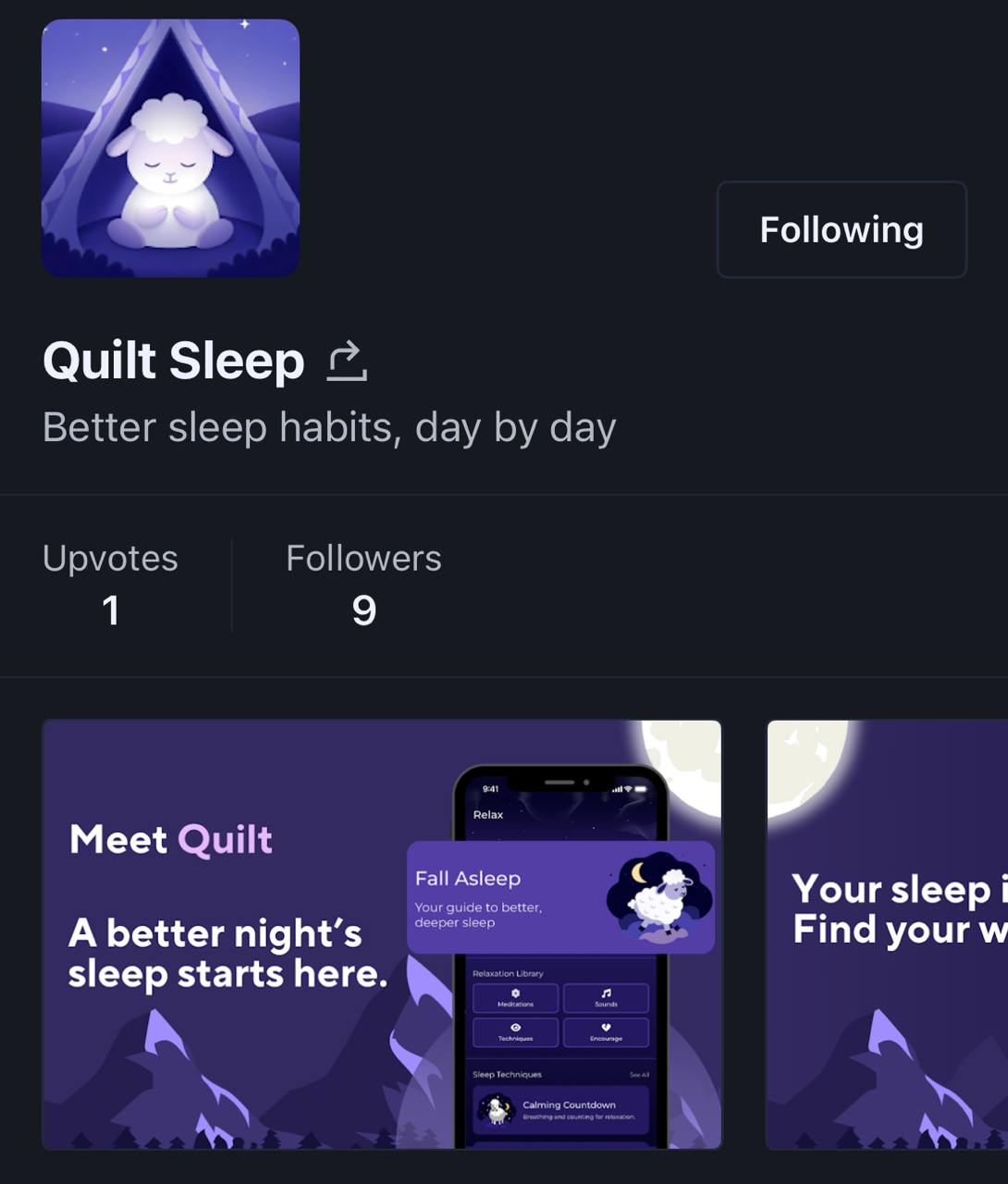 🚀 Quilt запустился на Product Hunt!
Quilt — персональный коуч для улучшения сна, который помогает справиться с бессонницей при помощи CBT-I, научно подтвержденных техник, дыхательных практик, звуков, ... | Сетка — социальная сеть от hh.ru