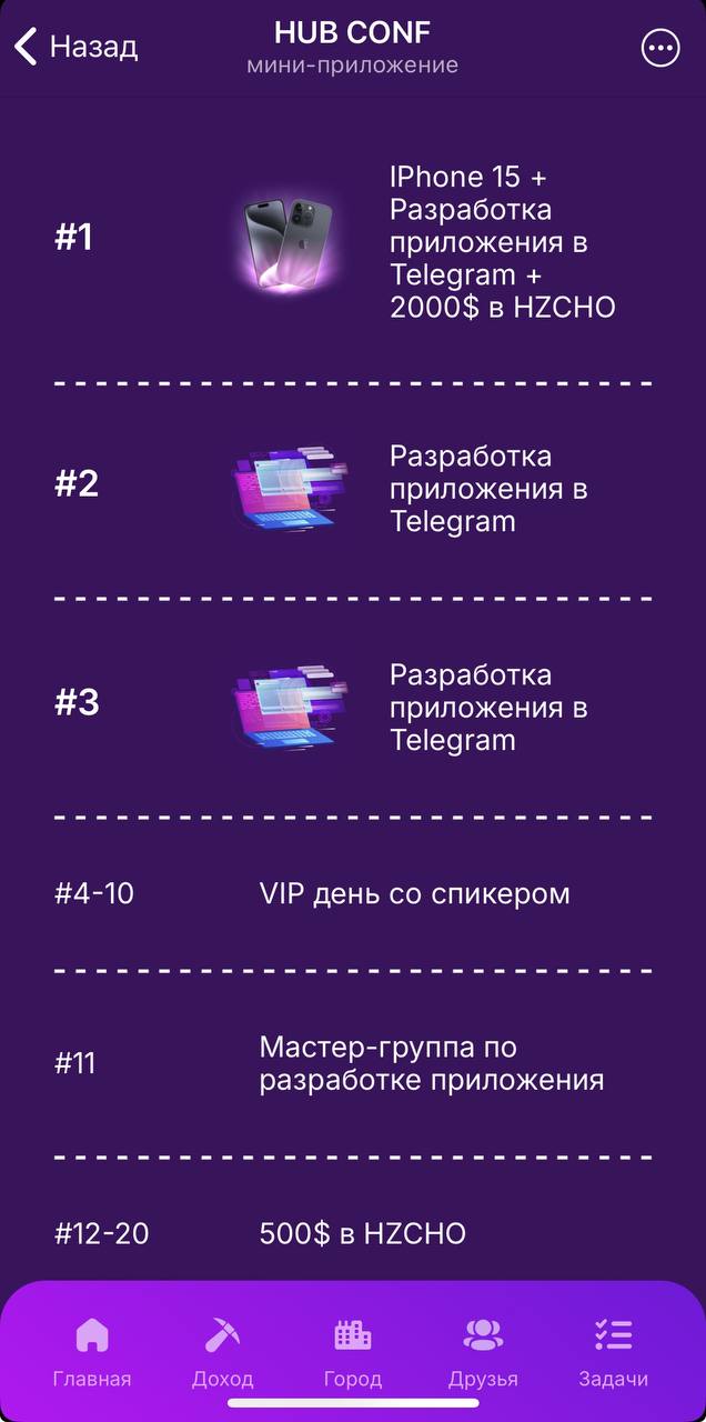 29 апреля состоится вручение призов для самых активных пользователей приложения.
🥇1 место Джекпот Айфон 15 + 2000$ в крипто монете hzchto + разработка мини приложения в telegram под ваш проект | Сетка — социальная сеть от hh.ru