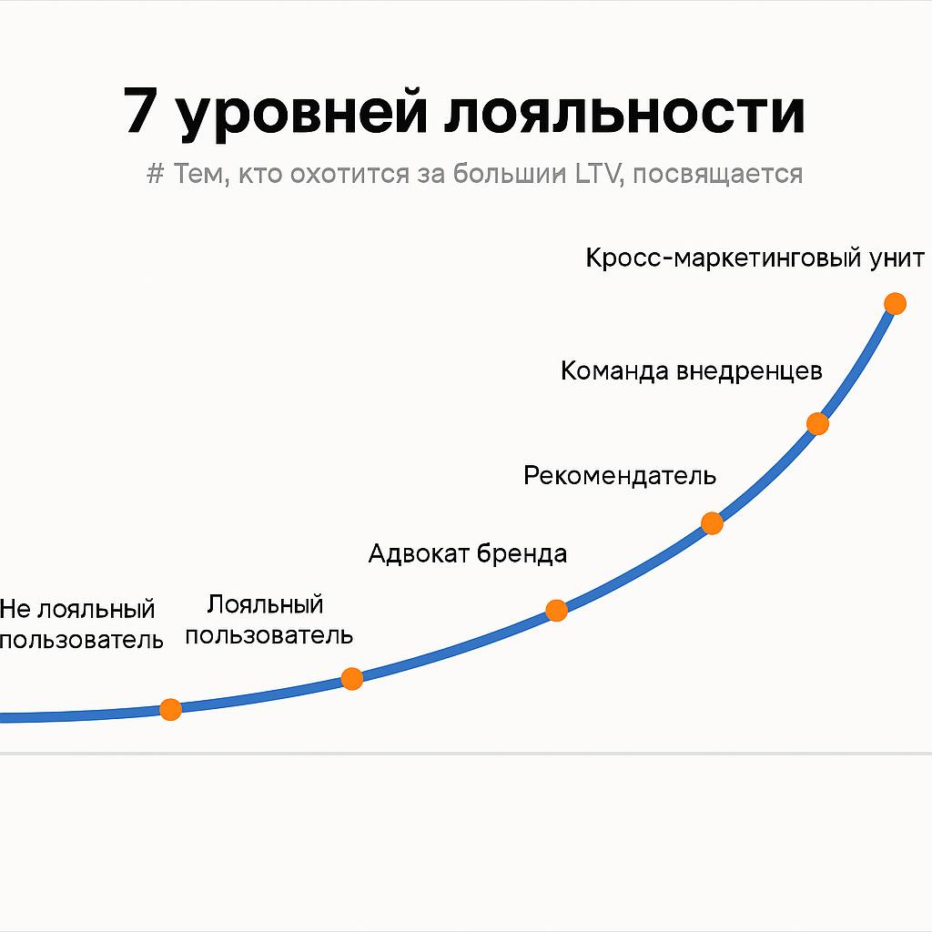 7 уровней лояльности
Тем, кто охотится за большим LTV, посвящается
Представьте, что у вас есть по 100 человек на каждом уровне. Это уже не клиенты — это рост на максималках | Сетка — социальная сеть от hh.ru