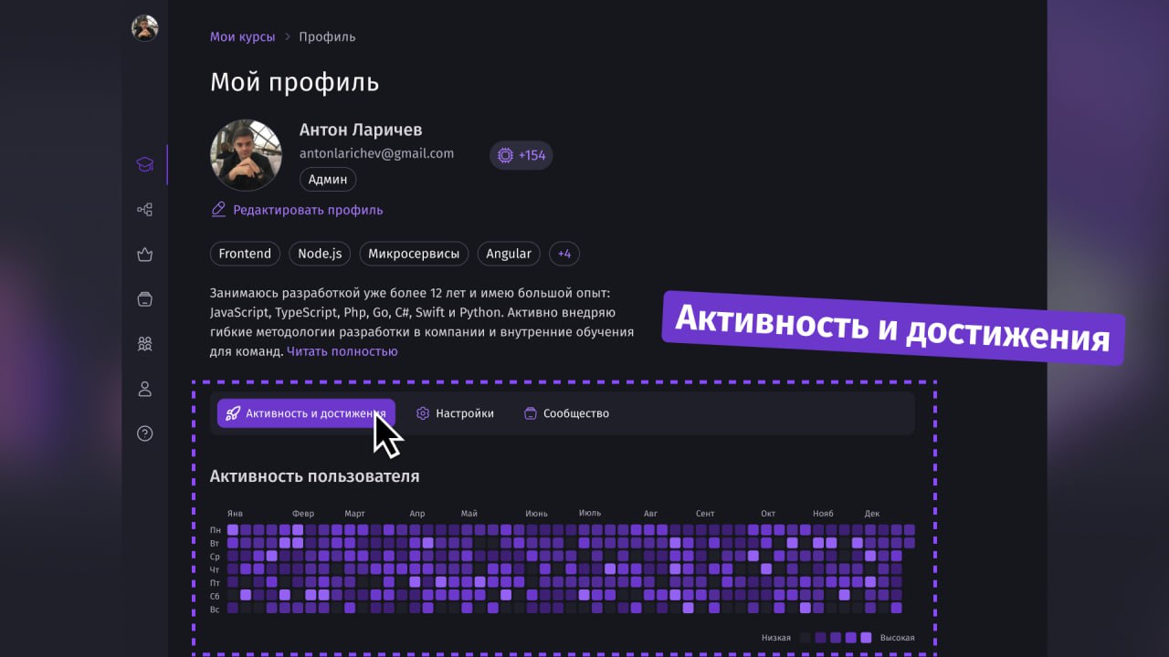 #новости 🔔 Обновление платформы 1.21
Профиль
Теперь профиль разделен на 3 вкладки.
— Активность и достижения. Тут уже привычный график активности и достижения.
— Настройки | Сетка — социальная сеть от hh.ru