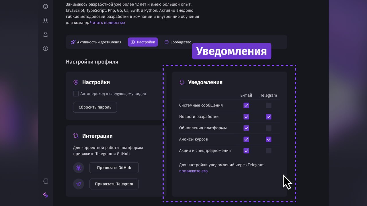 #новости 🔔 Обновление платформы 1.21
Профиль
Теперь профиль разделен на 3 вкладки.
— Активность и достижения. Тут уже привычный график активности и достижения.
— Настройки | Сетка — социальная сеть от hh.ru