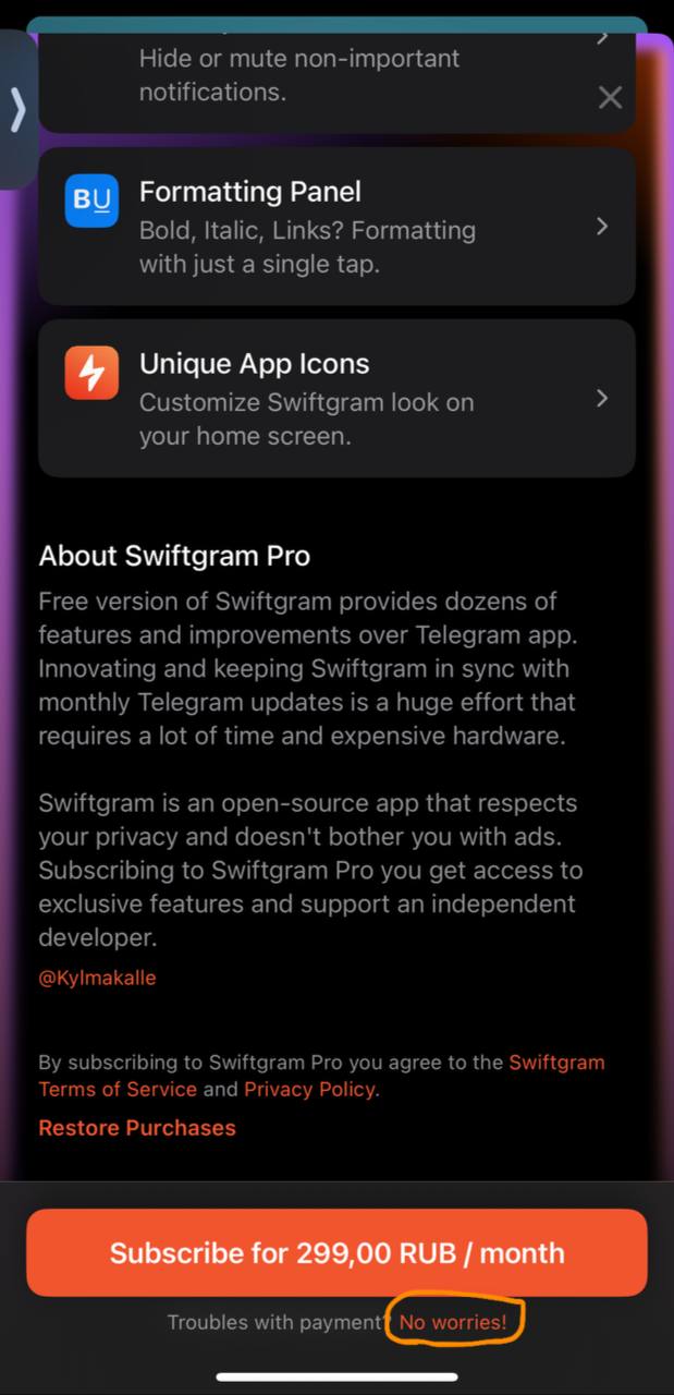 В телеграм клиент @swiftgram разработчик завез покупки про подписки на клиент не только через внутреннюю покупку Apple, но и через @tribute
Интересно, как он прошел ревью в Apple с такой фичей. | Сетка — социальная сеть от hh.ru