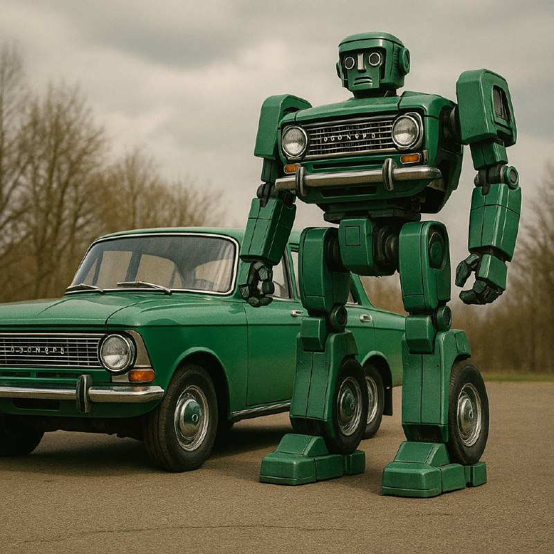 a square photo of a car (название автомобиля) alongside the car transformed into its robot form, the robot must have consistent elements that match the car, the robot should resemble the era of the ca... | Сетка — социальная сеть от hh.ru