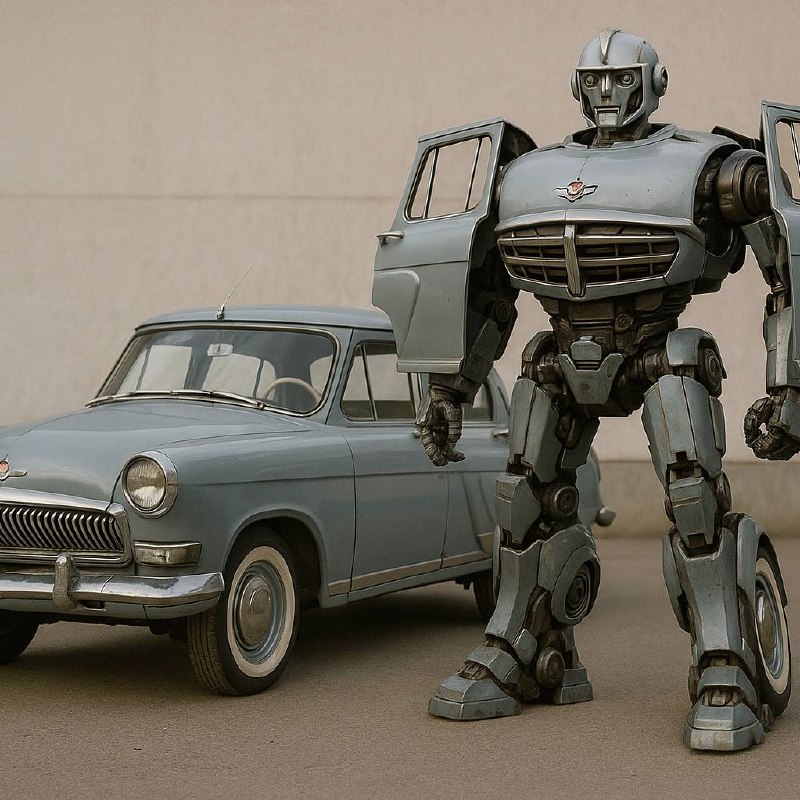 a square photo of a car (название автомобиля) alongside the car transformed into its robot form, the robot must have consistent elements that match the car, the robot should resemble the era of the ca... | Сетка — социальная сеть от hh.ru