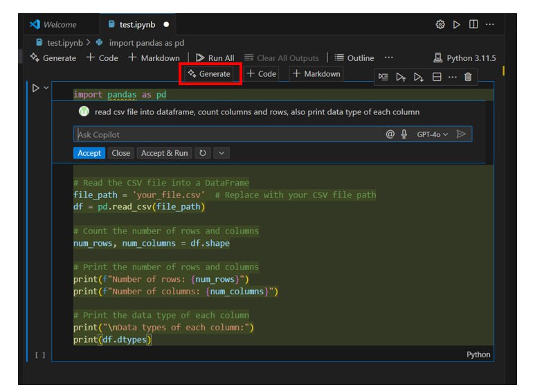 Теперь ИИ-ассистентом можно пользоваться прямо внутри Jupyter Notebook в VS Code
После обновления Visual Studio Code в ноутбуке заметил появление кнопки "Generate", которая позволяет писать промпт-зап... | Сетка — социальная сеть от hh.ru