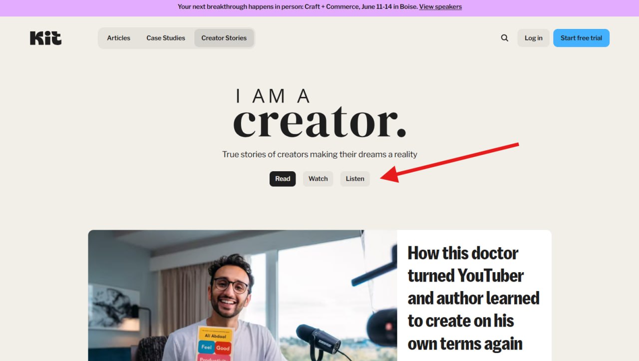 Понравился мультиформатный подход в блоге у Kit (он же ConvertKit). Можно выбрать, какой вы сегодня: читатель, зритель или слушатель. | Сетка — социальная сеть от hh.ru