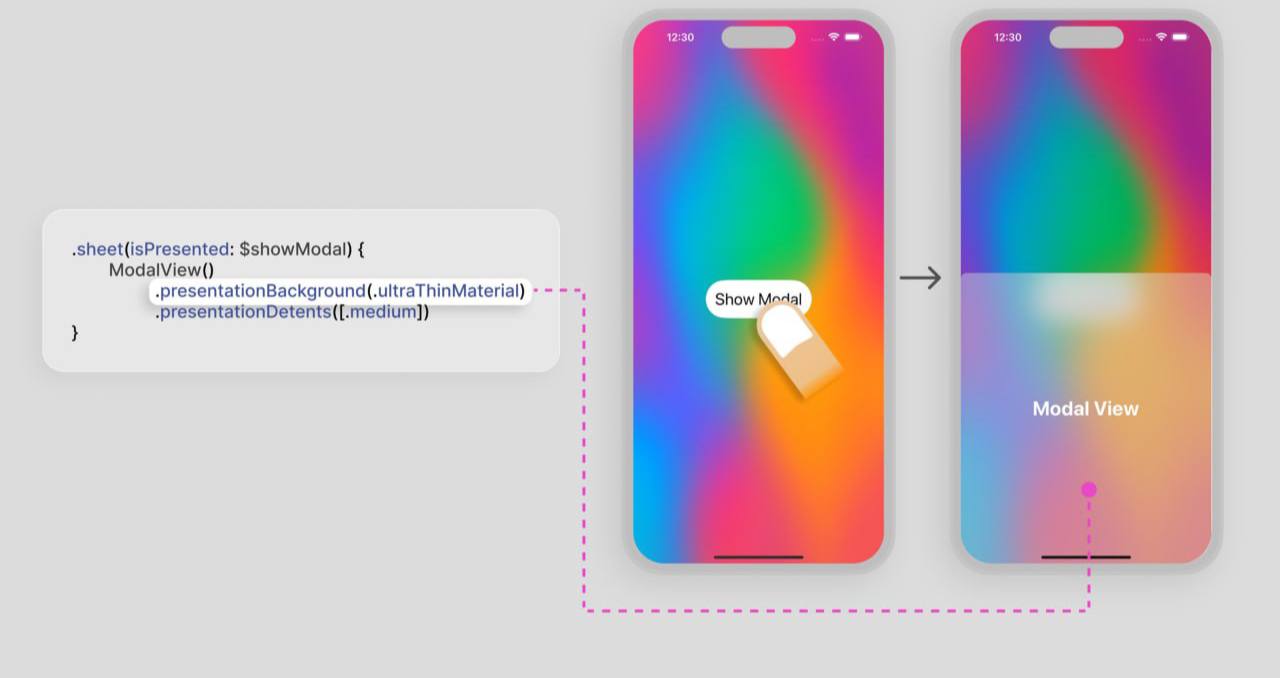 SwiftUI совет
Примените размытие фона для модального окна с помощью модификатора .presentationBackground()
iOS 16.4+ | Сетка — социальная сеть от hh.ru