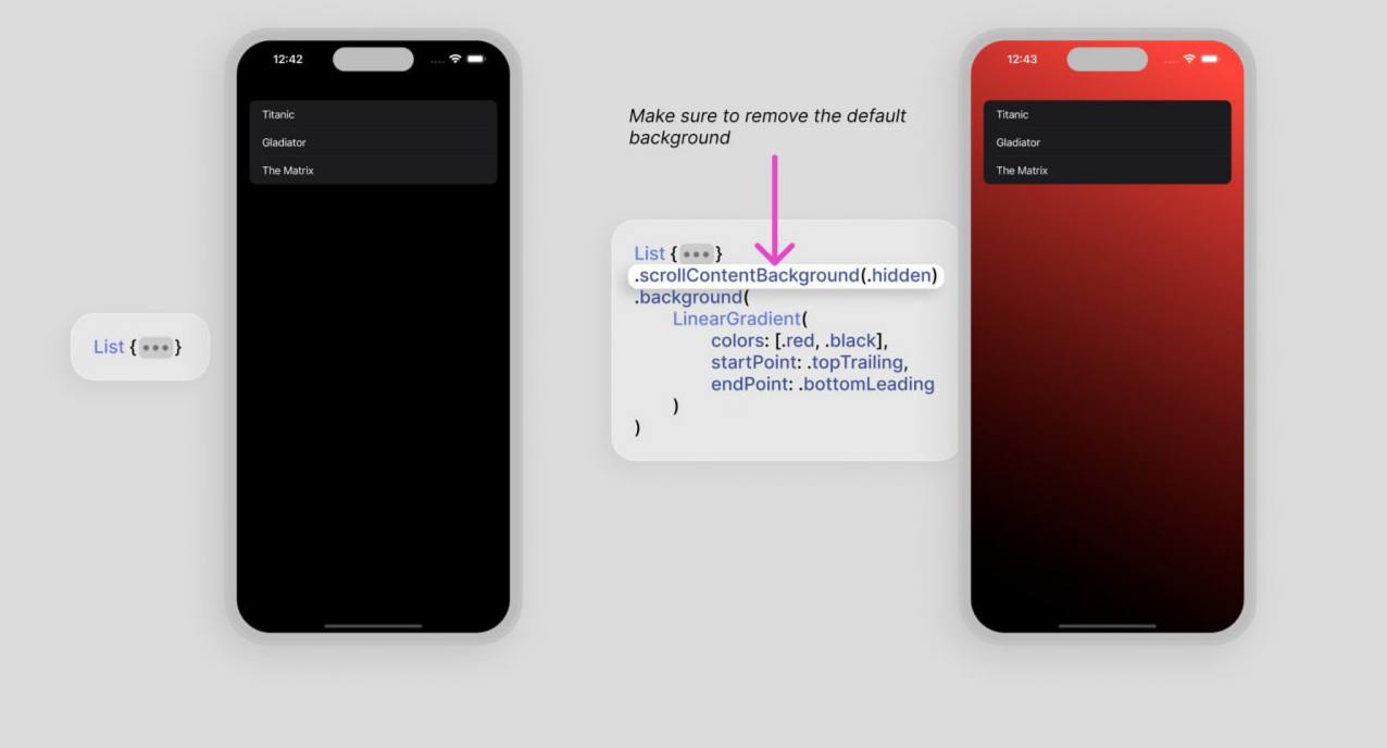 Совет по SwiftUI
Чтобы применить пользовательский фон к List, сначала скройте фон по умолчанию с помощью .scrollContentBackground(.hidden).
iOS 16.0 | Сетка — социальная сеть от hh.ru