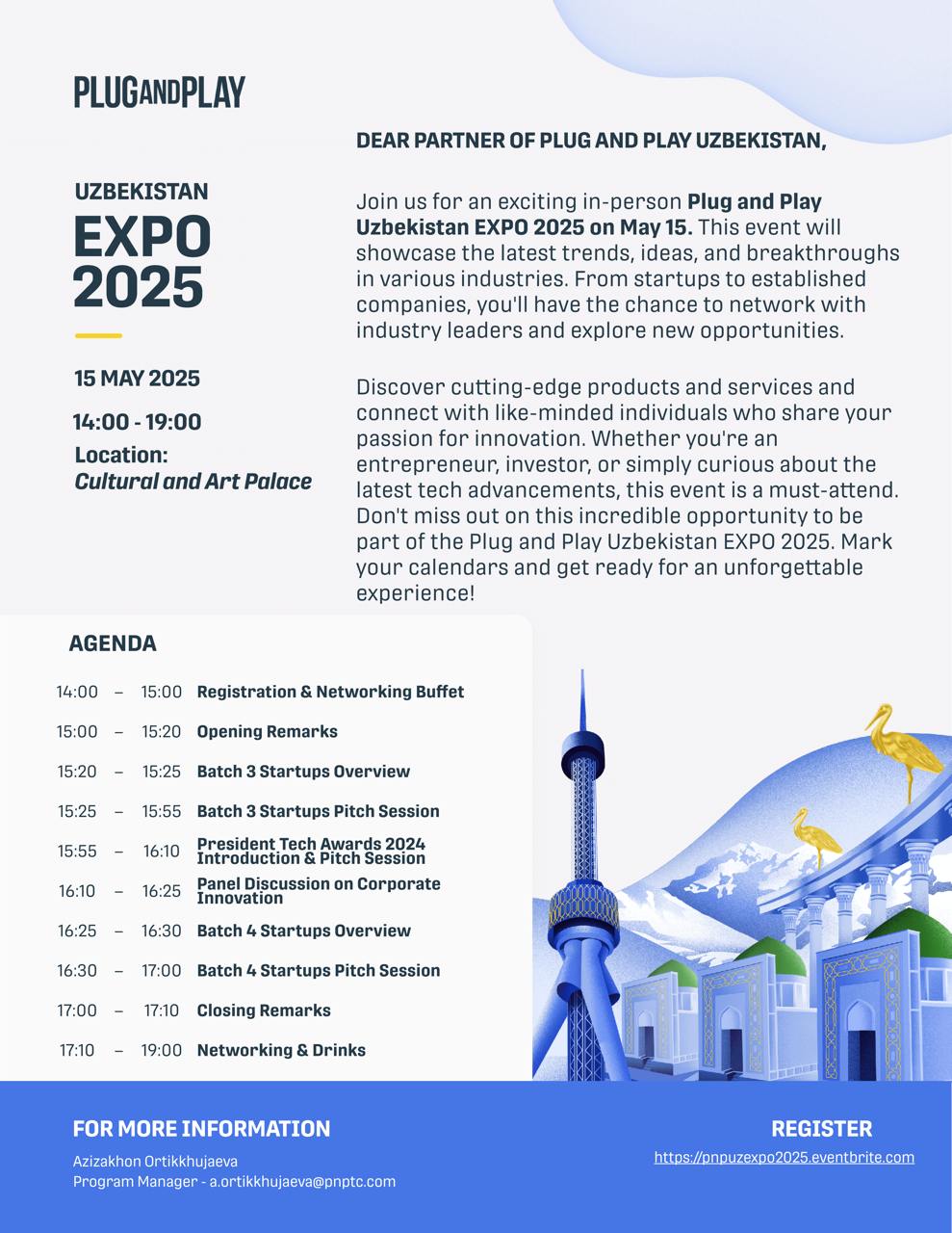 EXPO 2025 в Ташкенте покажет будущее технологий и инноваций
15 мая в Ташкенте пройдёт EXPO 2025 от Plug and Play, IT Park и Минцифры Узбекистана | Сетка — социальная сеть от hh.ru