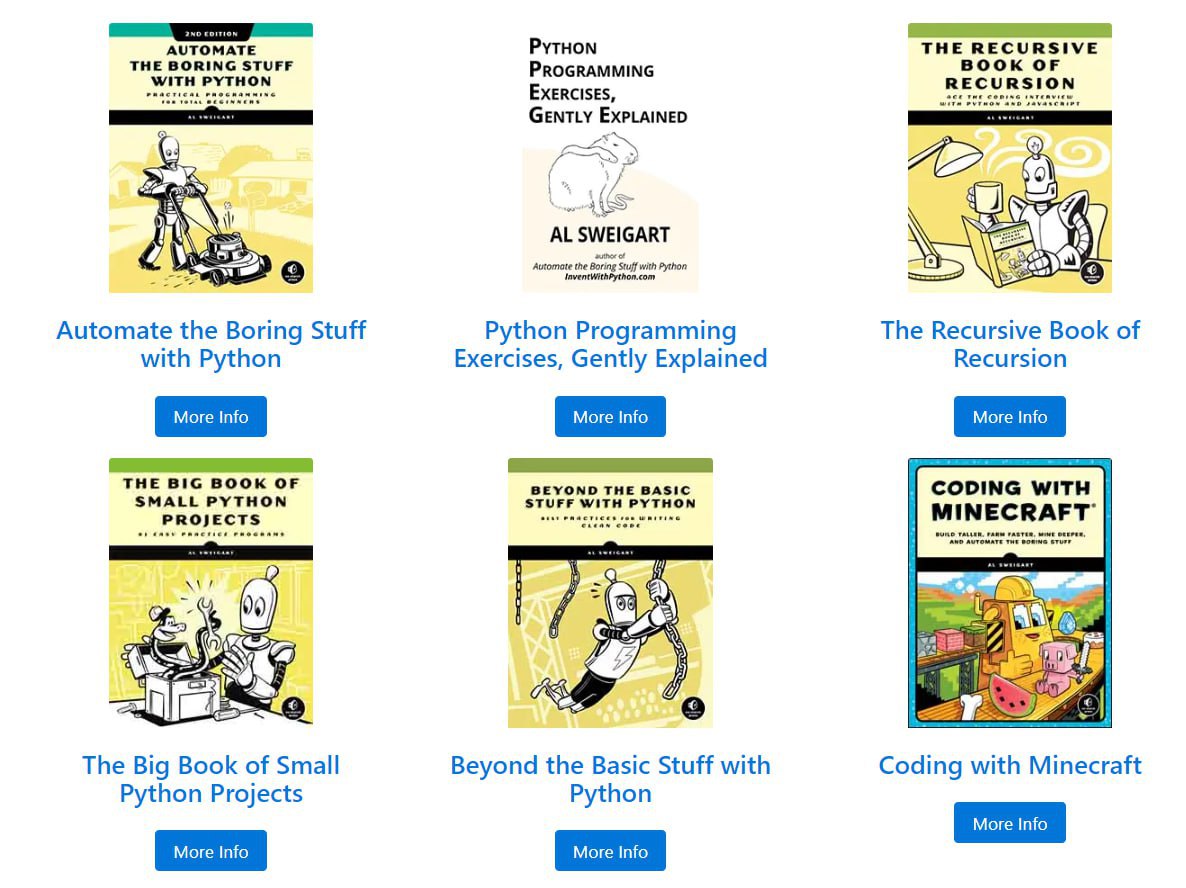 👨🏻‍🏫Есть такой неплохой автор книг по Python – Эл Свейгарт. Часть его работ издавалась и на русском. Но при этом он выкладывает все свои книги абсолютно бесплатно на сайте | Сетка — социальная сеть от hh.ru