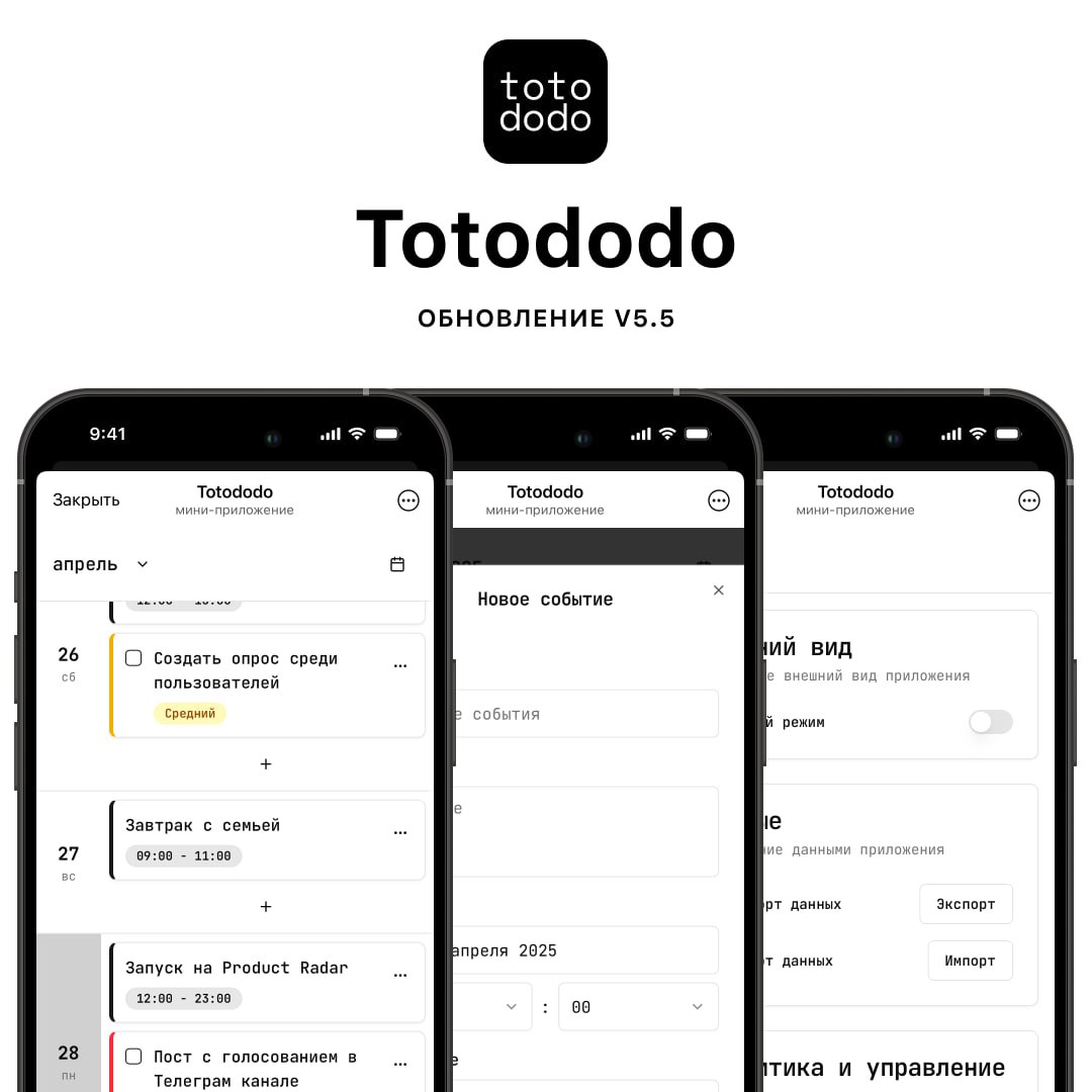 🚀 Обновление Totododo — v 5.5
Мы рады сообщить, что у нас прошло небольшое обновление сервиса! Теперь вы можете опробовать и оценить все новые функции и улучшения.
Основные изменения:
1 | Сетка — социальная сеть от hh.ru