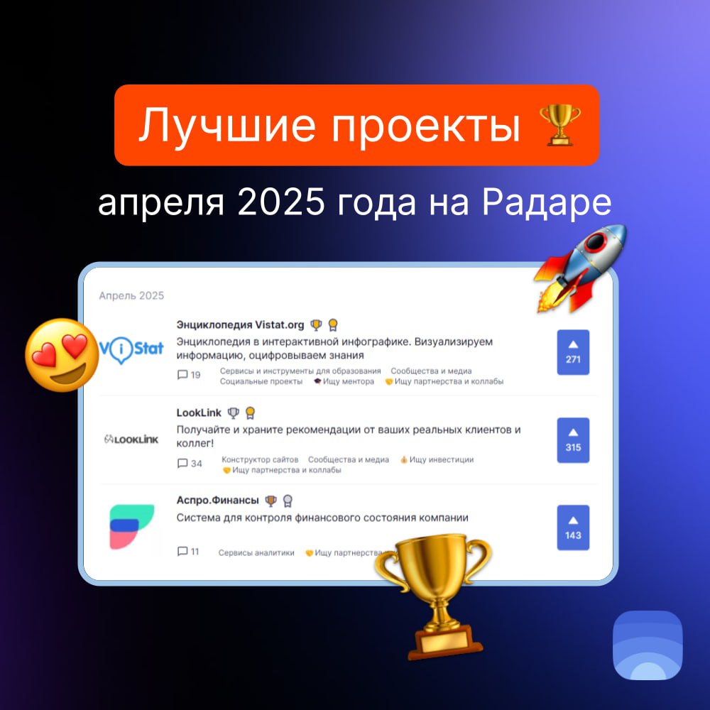 Лучшие проекты апреля 2025 на Радаре
🏆Продукт февраля №1 — Энциклопедия Vistat.org
Энциклопедия в интерактивной инфографике. Визуализируем информацию, оцифровываем знания | Сетка — социальная сеть от hh.ru