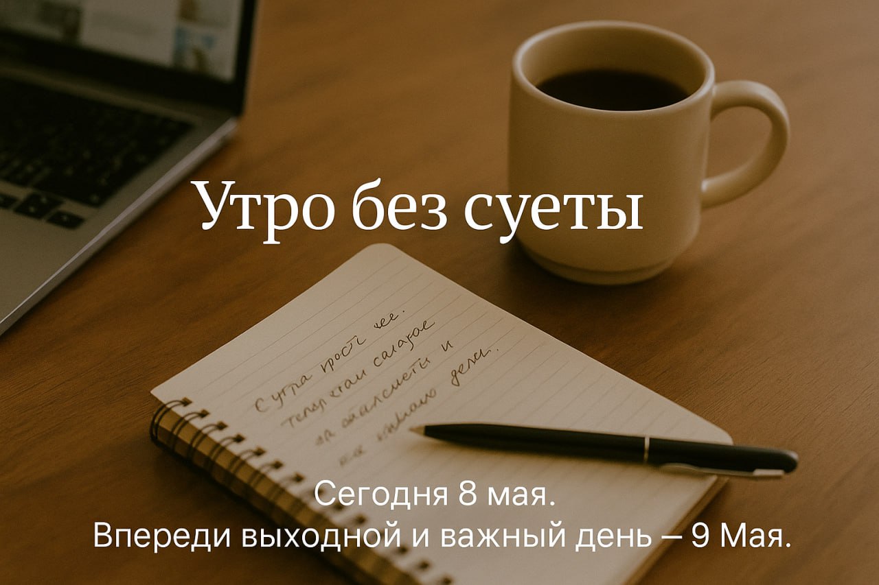 🕊 Утро без суеты
Сегодня 8 мая. Впереди выходной и важный день — 9 Мая.
Сейчас самое время немного притормозить, перевести дух и навести порядок — не только в делах, но и в мыслях | Сетка — социальная сеть от hh.ru