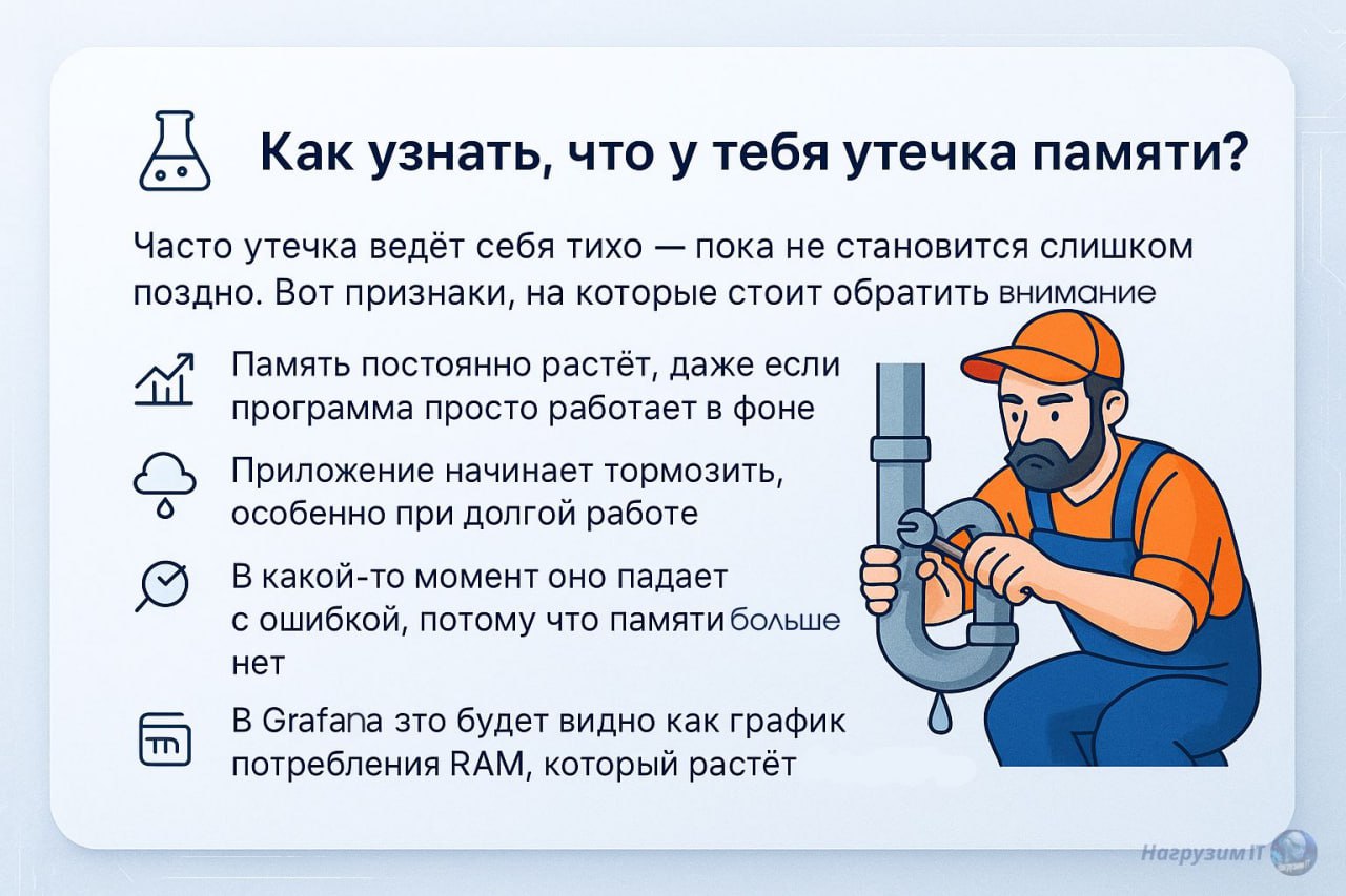 Привет, друзья! Поздравляю с началом рабочей недели 👨‍💻
Сегодня разберем одну из самых коварных проблем производительности — утечки памяти. 💧
Подготовил для вас удобные карточки с самым важным | Сетка — социальная сеть от hh.ru