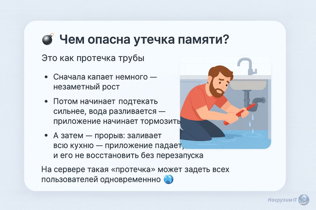 Привет, друзья! Поздравляю с началом рабочей недели 👨‍💻
Сегодня разберем одну из самых коварных проблем производительности — утечки памяти. 💧
Подготовил для вас удобные карточки с самым важным | Сетка — социальная сеть от hh.ru