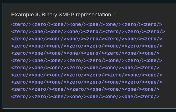 Сегодня я узнал как правильно передавать бинарные данные внутри XML.
Теперь я хочу разознать это обратно и никогда не узнавать снова.
https://xmpp.org/extensions/xep-0239.html
P.S Type Humorous | Сетка — социальная сеть от hh.ru