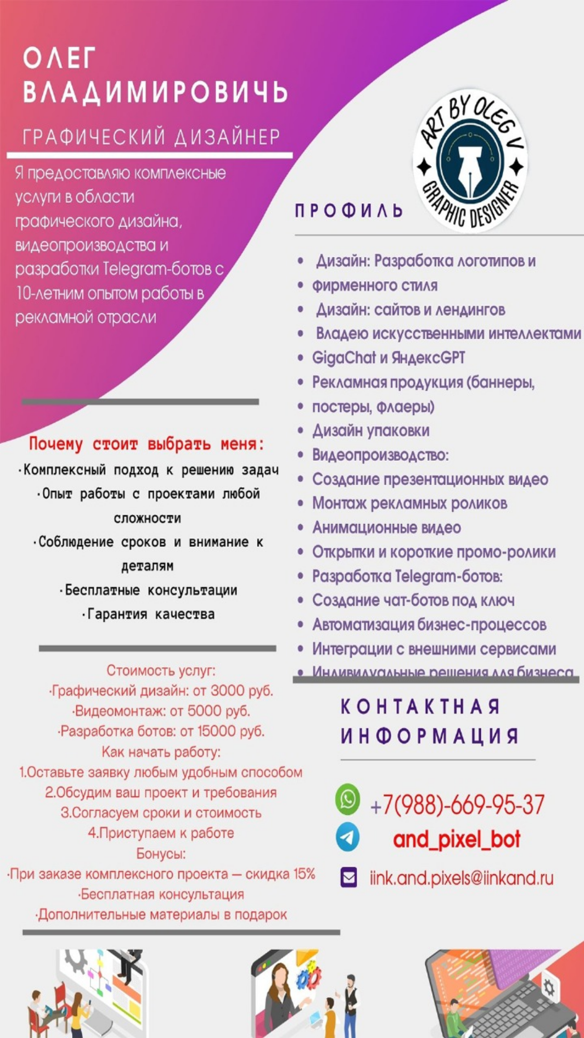 🔥 Здравствуйте! Я Олег Владимирович – ваш персональный графический дизайнер! 🎯 Почему вы точно останетесь довольны: • Использую передовые технологии ИИ • Создаю дизайн под ваши уникальные задачи • Учи... | Сетка — социальная сеть от hh.ru