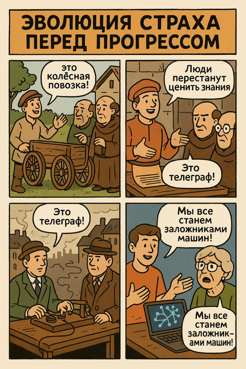 Эволюция страха перед прогрессом
Жила-была деревня на краю леса. И однажды туда приехал изобретатель с диковинной коробкой. «Это колёсная повозка!» — объявил он, показывая, как вращаются колёса | Сетка — социальная сеть от hh.ru