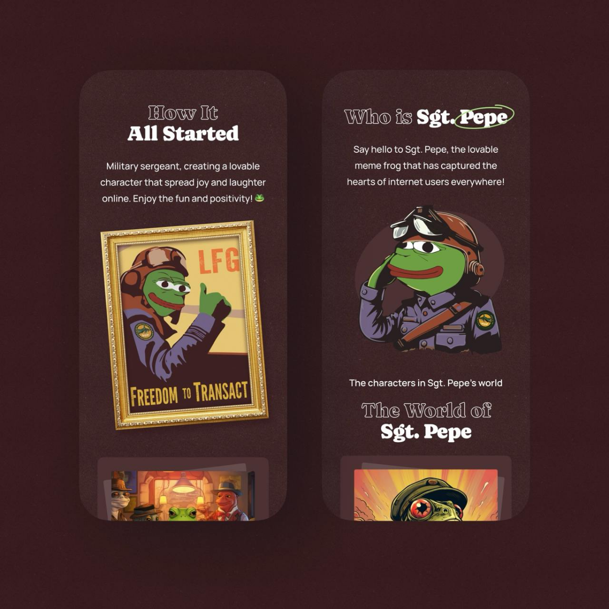 UI-дизайн приложения по мотивам культового мема — Sgt. Pepe the Frog🐸
Атмосферный стиль с комикс-иллюстрациями превращает интерфейс в эмоциональное путешествие в мир сержанта Пепе | Сетка — социальная сеть от hh.ru