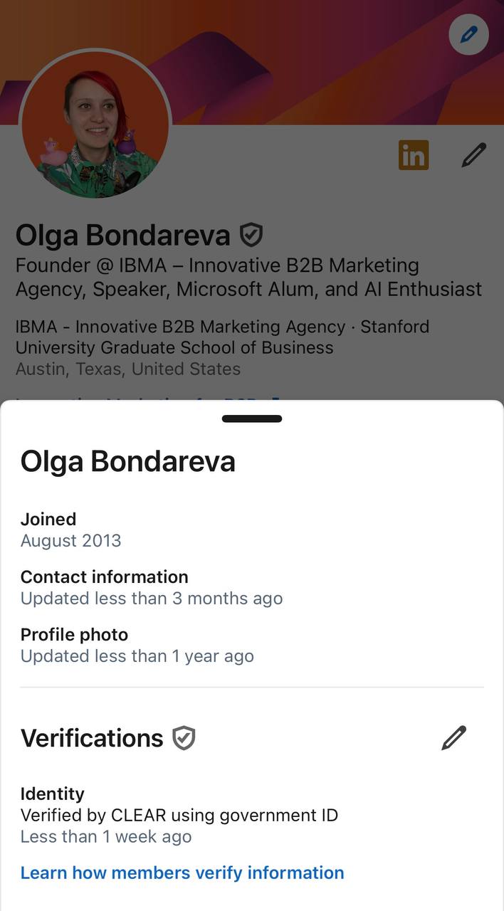 Наконец-то смогла верифицировать свой профиль в LinkedIn - теперь рядом с именем отображается значок щита с галочкой :)
Для верификации важно, чтобы ваши данные паспорта совпадали с данными в профиле ... | Сетка — социальная сеть от hh.ru