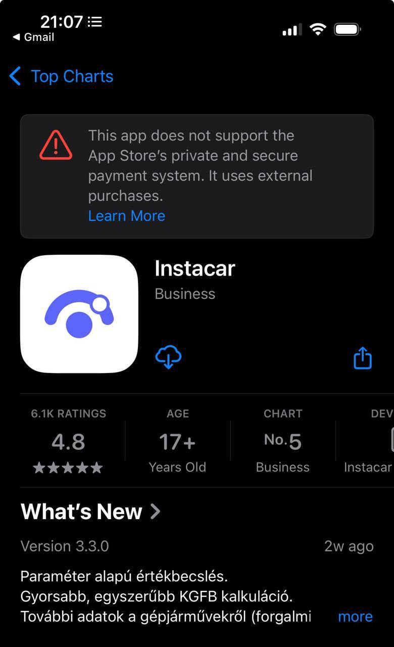 теперь на страницах тех приложений, которые обходят встроенные платежи apple, красуется вот такая плашка:
«это приложение не поддерживает приватное и безопасное платёжное решение app store» | Сетка — социальная сеть от hh.ru