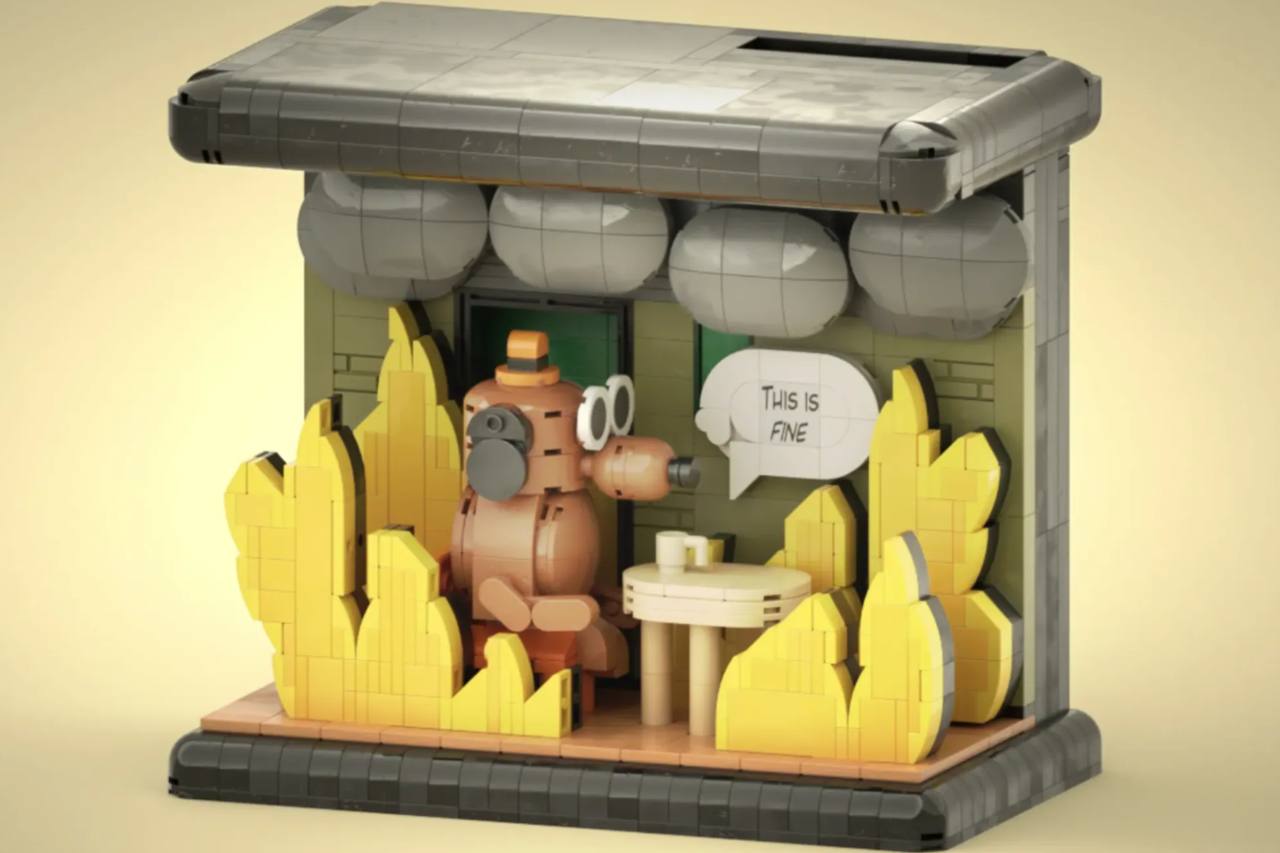 Мем с горящими дедлайнами «This is fine» может стать набором LEGO.
На LEGO Ideas за набор проголосовало уже 10000 человек | Сетка — социальная сеть от hh.ru