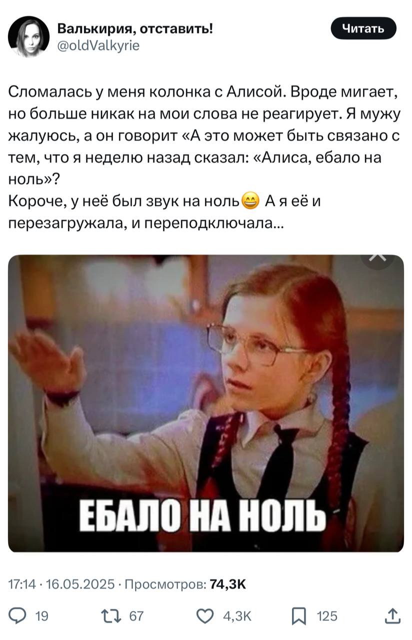 «Алиса, еб*ло на ноль». Твиттерская рассказала о самом тупом способе сломать умную колонку. Точнее сделать так, чтобы она вела себя как сломанная.
не хами Алисе, кожаный человек | Сетка — социальная сеть от hh.ru