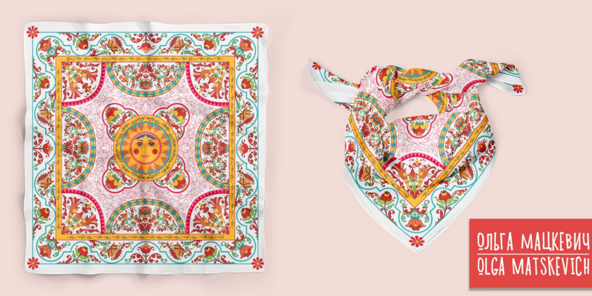 Платок Солнце. Растительный узор по мотивам борецкой росписи Северной Двины на темном и белом фонах. 170*170 см. Использованы традиционные фольклорные элементы цветы, птицы, петухи, светило солнце | Сетка — социальная сеть от hh.ru