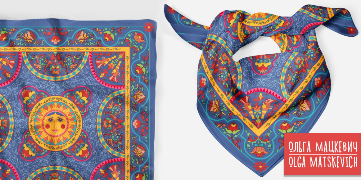 Платок Солнце. Растительный узор по мотивам борецкой росписи Северной Двины на темном и белом фонах. 170*170 см. Использованы традиционные фольклорные элементы цветы, птицы, петухи, светило солнце | Сетка — социальная сеть от hh.ru