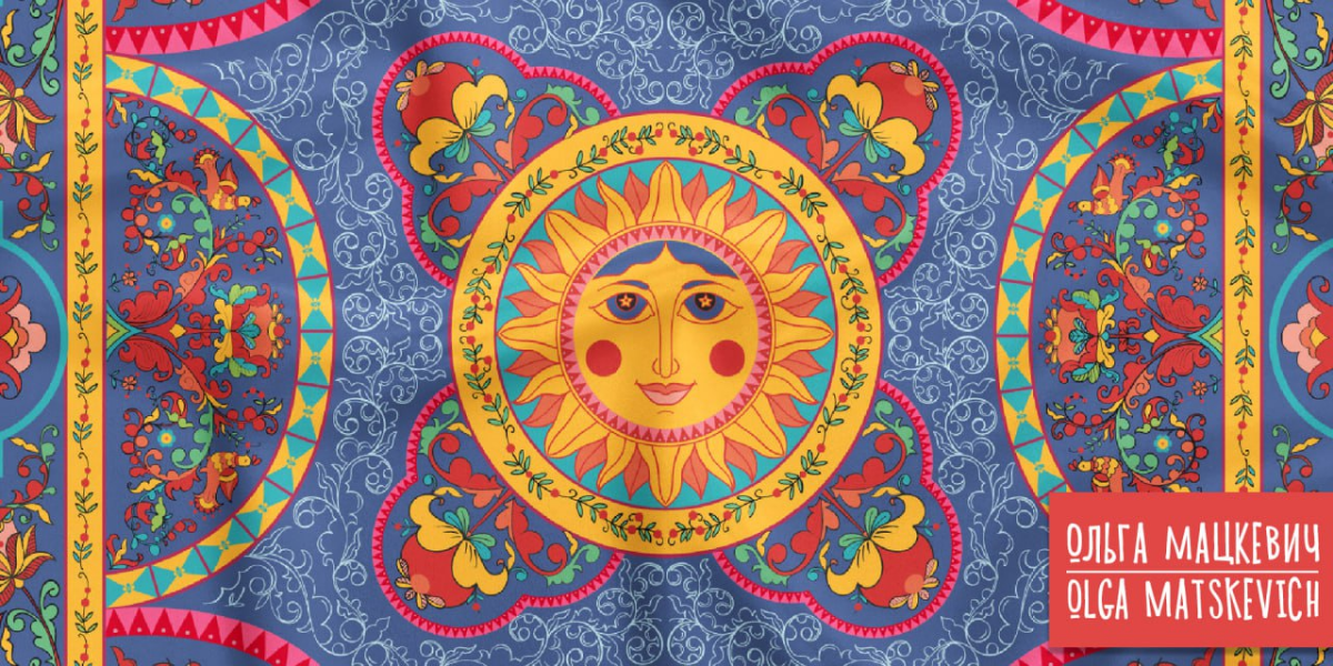 Платок Солнце. Растительный узор по мотивам борецкой росписи Северной Двины на темном и белом фонах. 170*170 см. Использованы традиционные фольклорные элементы цветы, птицы, петухи, светило солнце | Сетка — социальная сеть от hh.ru