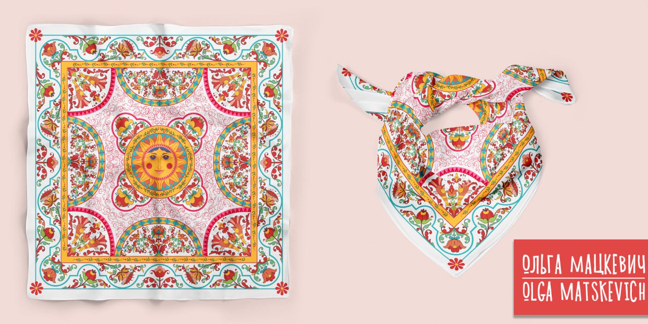Платок Солнце. Растительный узор по мотивам борецкой росписи Северной Двины на темном и белом фонах. 170*170 см. Использованы традиционные фольклорные элементы цветы, птицы, петухи, светило солнце | Сетка — социальная сеть от hh.ru