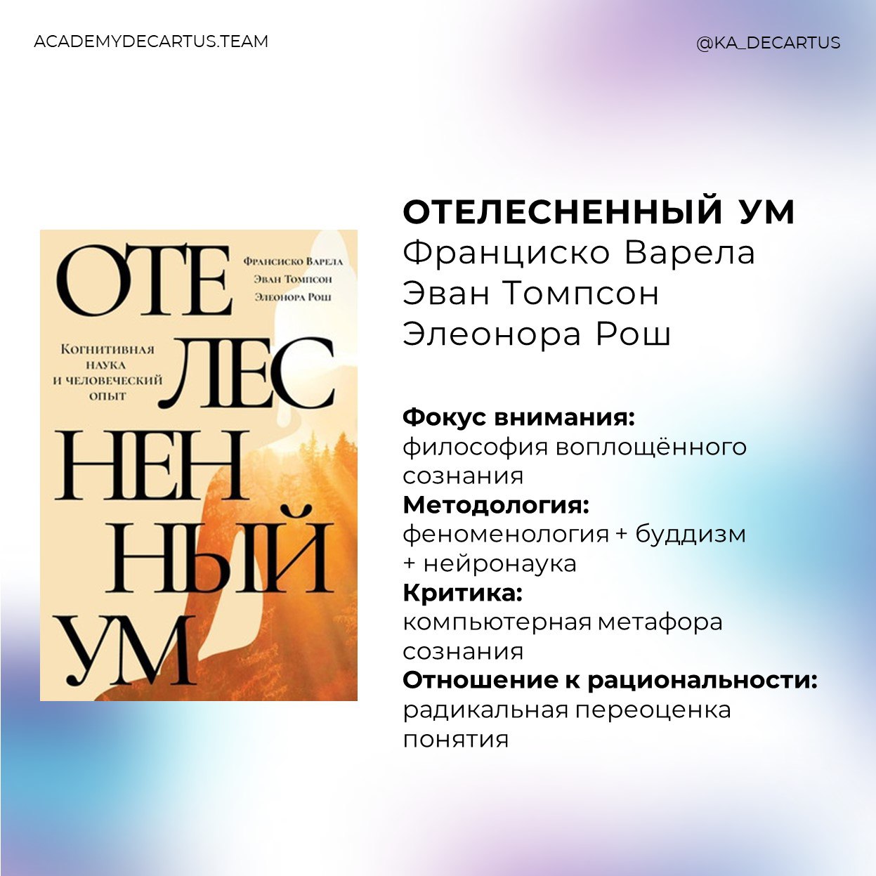 Руководитель Академии Декартуc, Константин Безгин, предлагает расширить представления о классической рациональности при помощи следующих книг:
1️⃣"Отелесненный ум" Франциско Варела, Эван Томпсон, Элео... | Сетка — социальная сеть от hh.ru