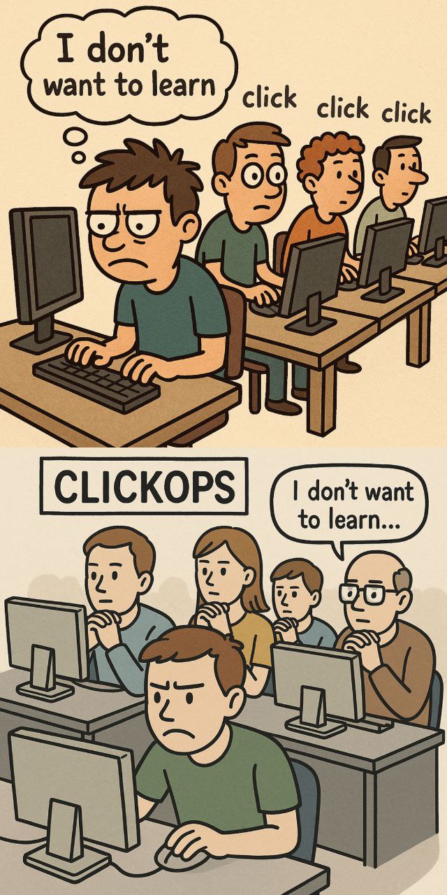 Сегодня услышал классный термин - ClickOps, скорее всего он давно уже не новый, но я его встретил впервые и сразу отпало большинство вопросов к людям, которые вместо того, чтобы учиться, просто пытают... | Сетка — социальная сеть от hh.ru