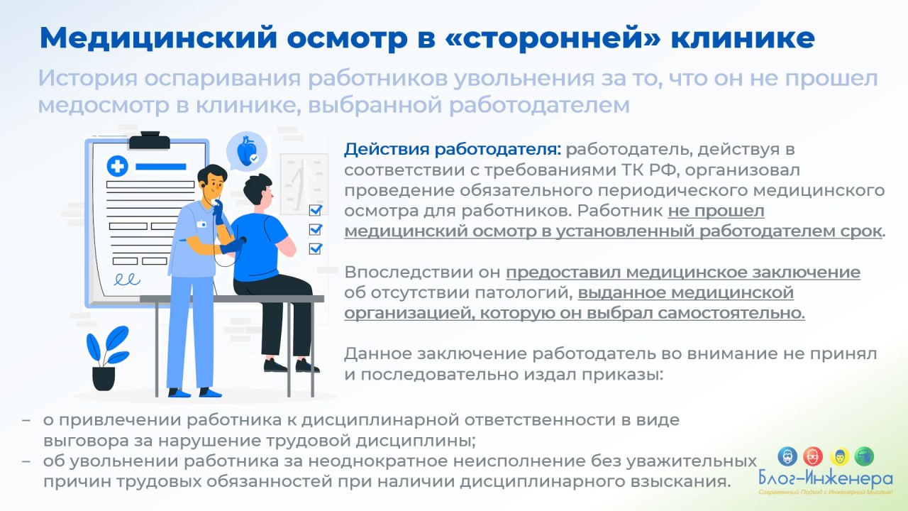 ❗️Медицинский осмотр в «сторонней» клинике
История оспаривания работником увольнения за то, что он не прошёл медосмотр в клинике, выбранной работодателем.
Подробности читайте в наших карточках | Сетка — социальная сеть от hh.ru