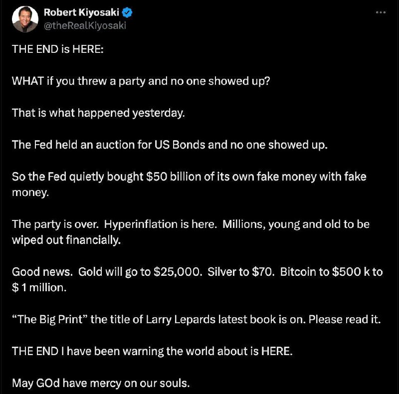 🇺🇸🤷‍♂️ Роберт Кийосаки заявил, что наступил «конец» доллара и далее последует гиперинфляция.
*«Конец наступил. А что если вы устроили вечеринку, а никто не пришёл? Именно это произошло вчера | Сетка — социальная сеть от hh.ru