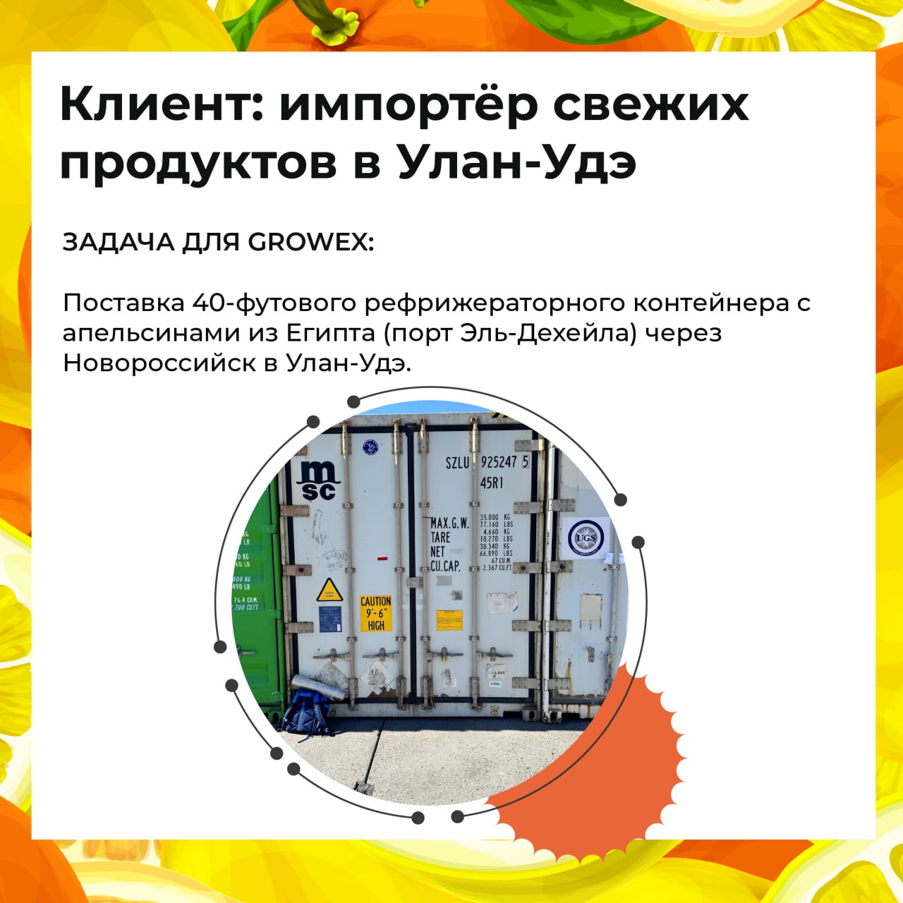 🗺Кейс GROWEX: апельсины из Египта — в Улан-Удэ
Импортеру из Бурятии потребовалось доставить рефконтейнер апельсинов с соблюдением температурного режима и всех карантинных требований | Сетка — социальная сеть от hh.ru