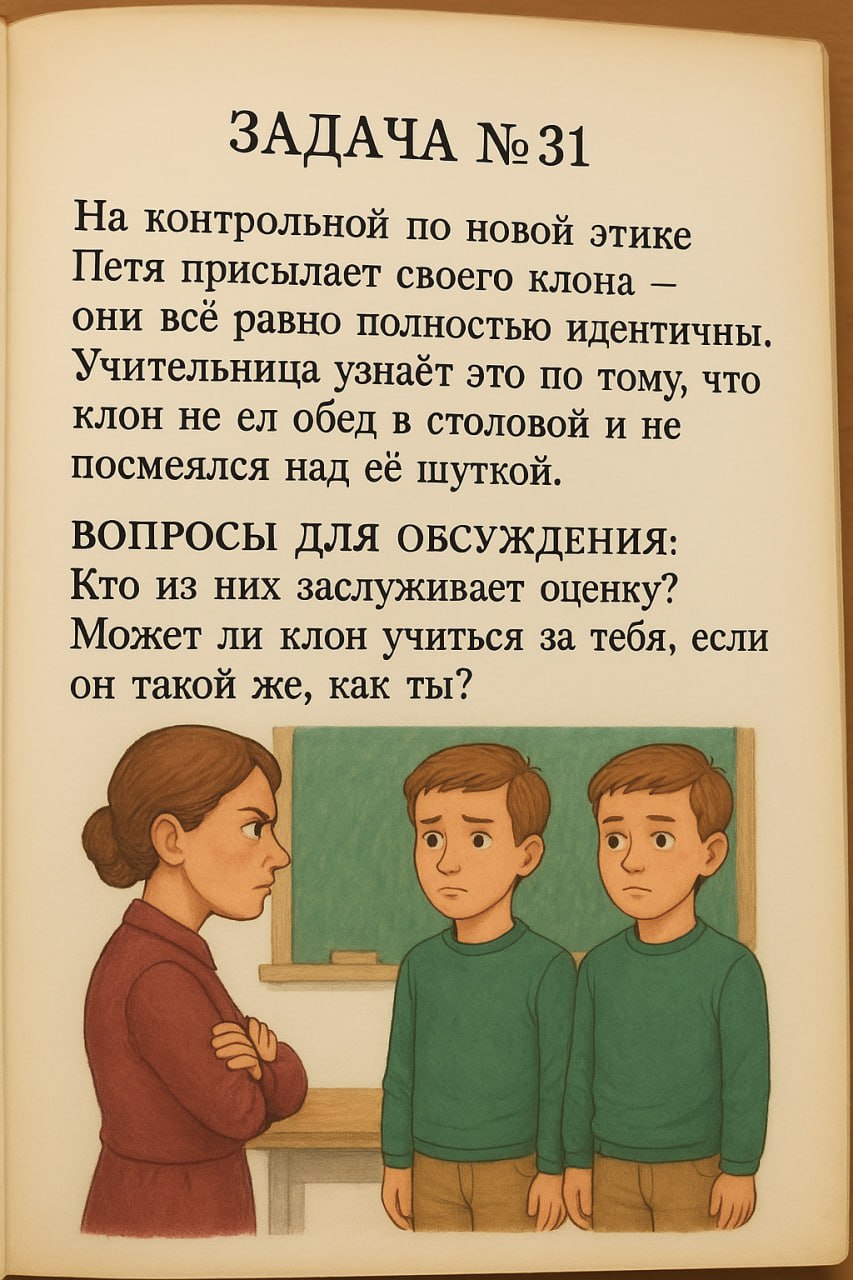Задачник по новой этике
Увидел в интернете картинку с детской задачкой о «мозге в колбе» (известном философском мысленном эксперименте) и решил сделать серию дилемм из учебника будущего по новой этике | Сетка — социальная сеть от hh.ru