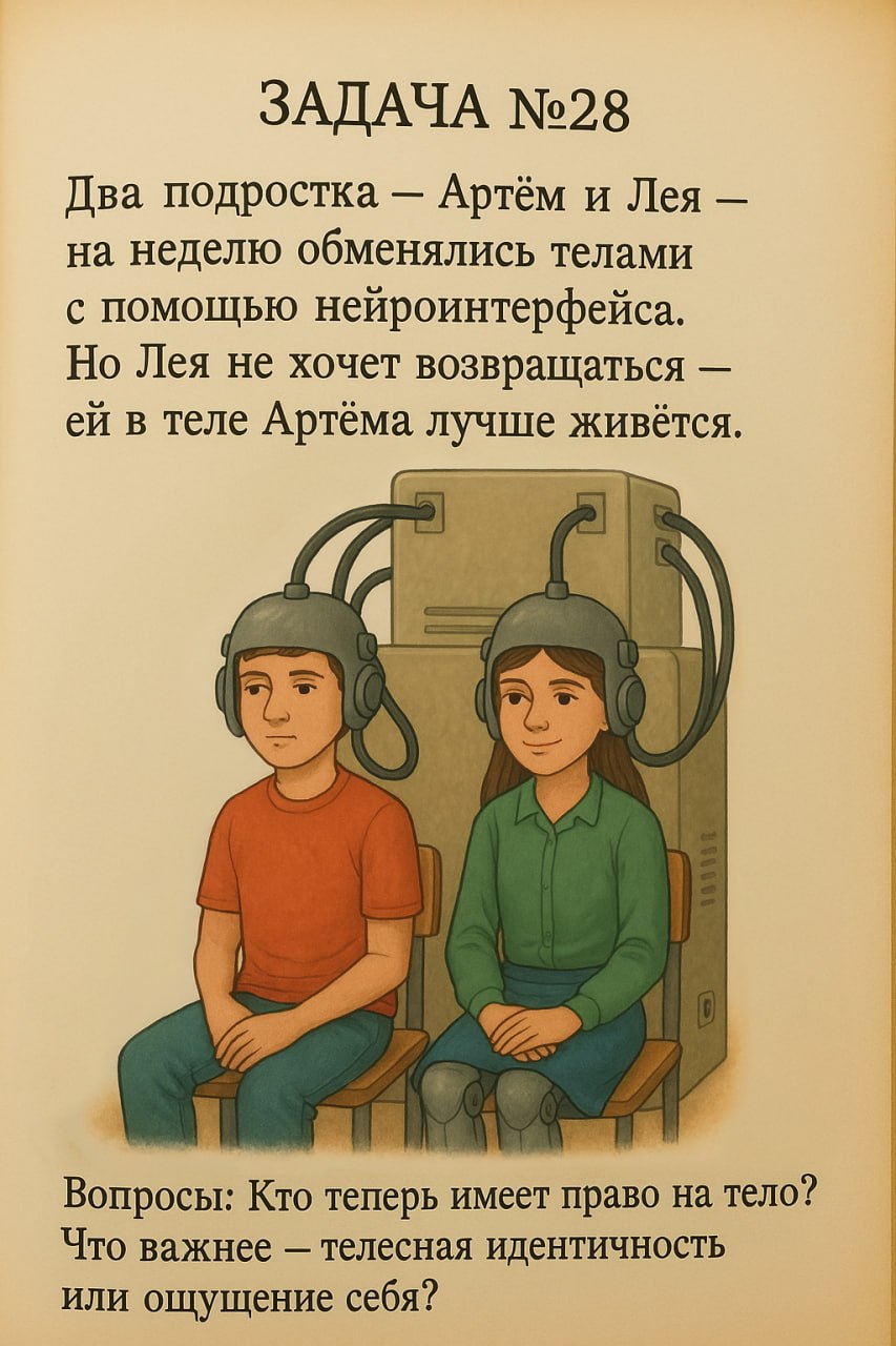 Задачник по новой этике
Увидел в интернете картинку с детской задачкой о «мозге в колбе» (известном философском мысленном эксперименте) и решил сделать серию дилемм из учебника будущего по новой этике | Сетка — социальная сеть от hh.ru