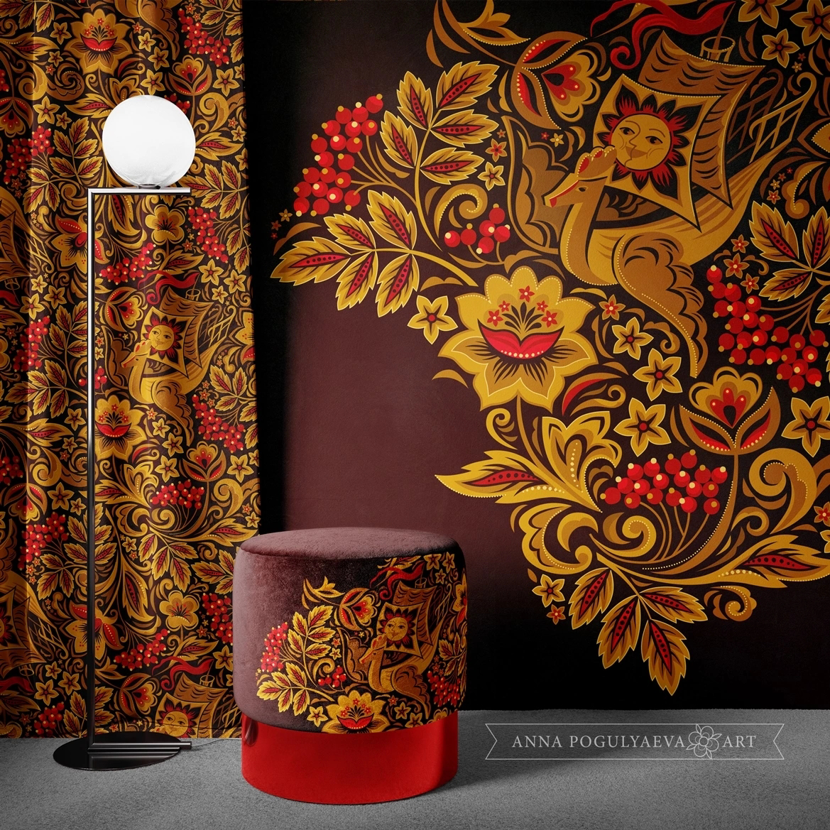 Принт для ткани "Летучий корабль" по мотивам русской росписи | Сетка — социальная сеть от hh.ru