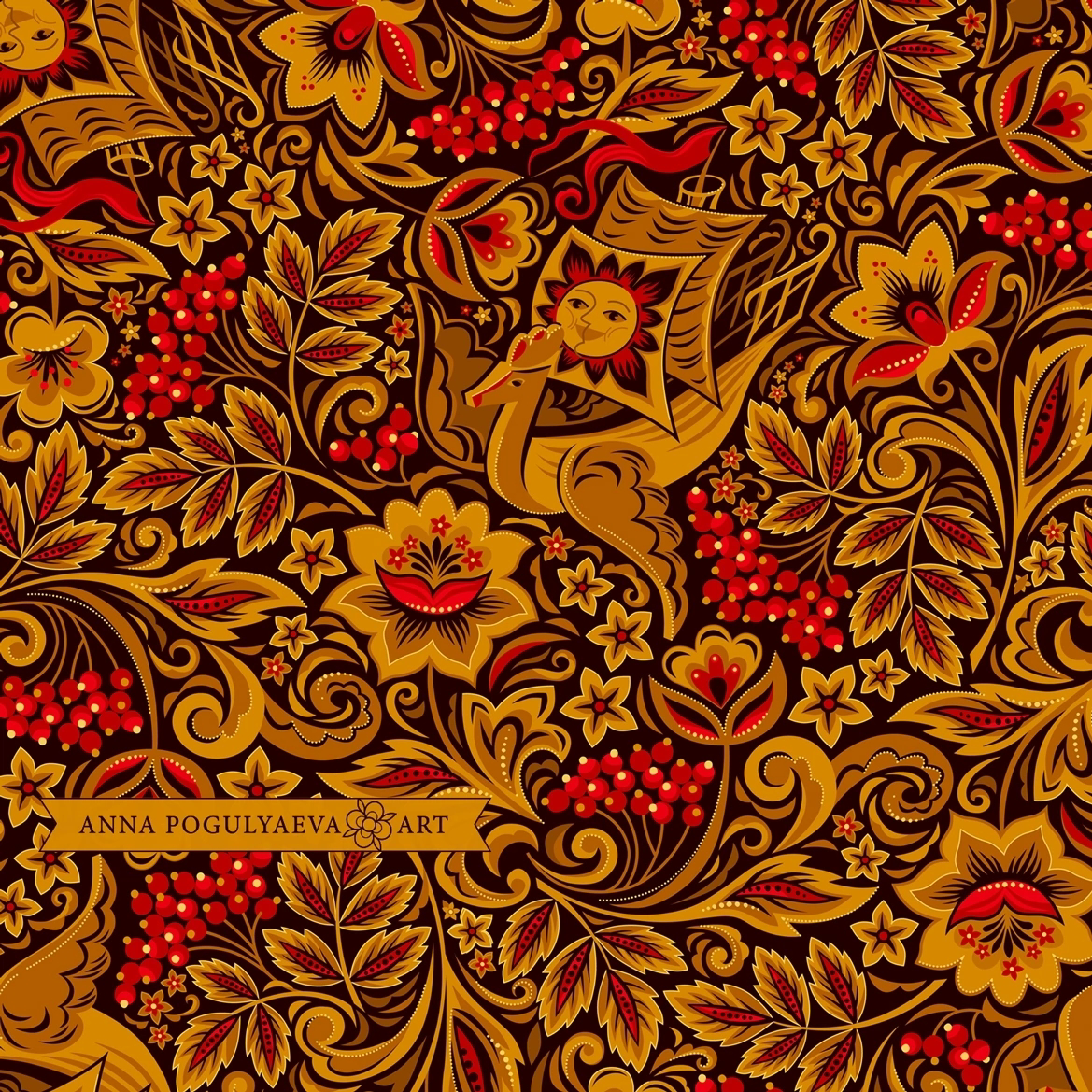 Принт для ткани "Летучий корабль" по мотивам русской росписи | Сетка — социальная сеть от hh.ru