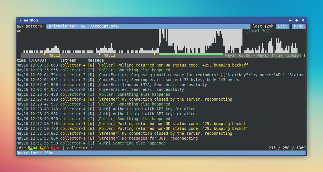 Nerdlog - fast, remote-first, multi-host TUI log viewer with timeline histogram and no central server
https://github.com/dimonomid/nerdlog | Сетка — социальная сеть от hh.ru