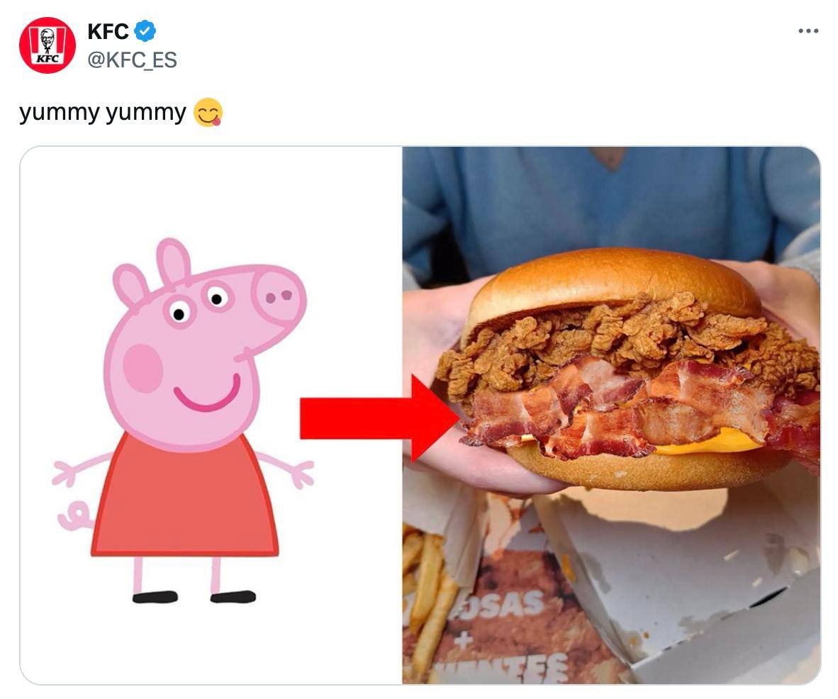 KFC в Испании жестко заситуативил новость о том, что у свинки Пеппы родилась сестричка.
Надо сказать, что кампания с «рождением сестрички» была очень масштабной | Сетка — социальная сеть от hh.ru