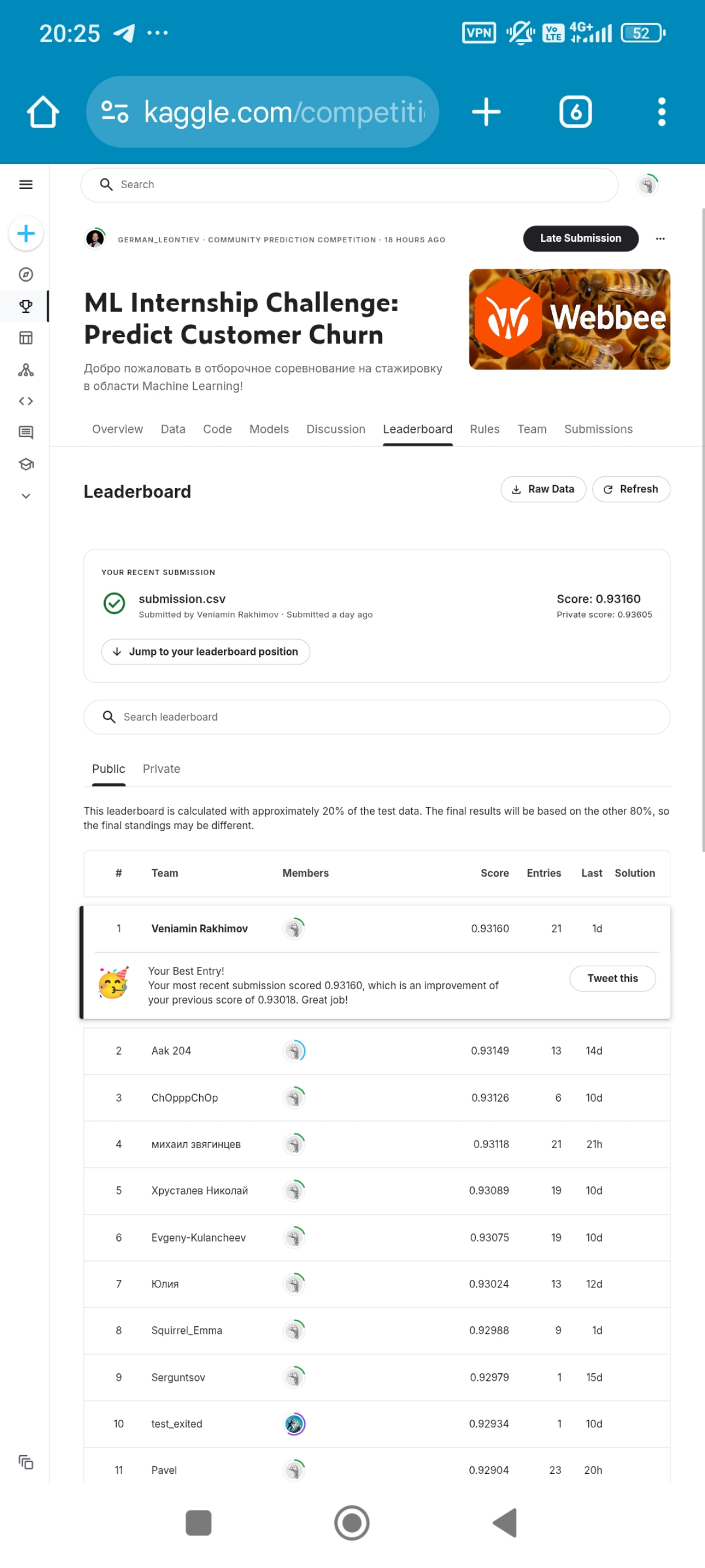 Принял участие в чемпионате по ML на Kaggle, итоговый результат - 7 место.
https://www.kaggle.com/competitions/webbee-internship-2025/leaderboard | Сетка — социальная сеть от hh.ru