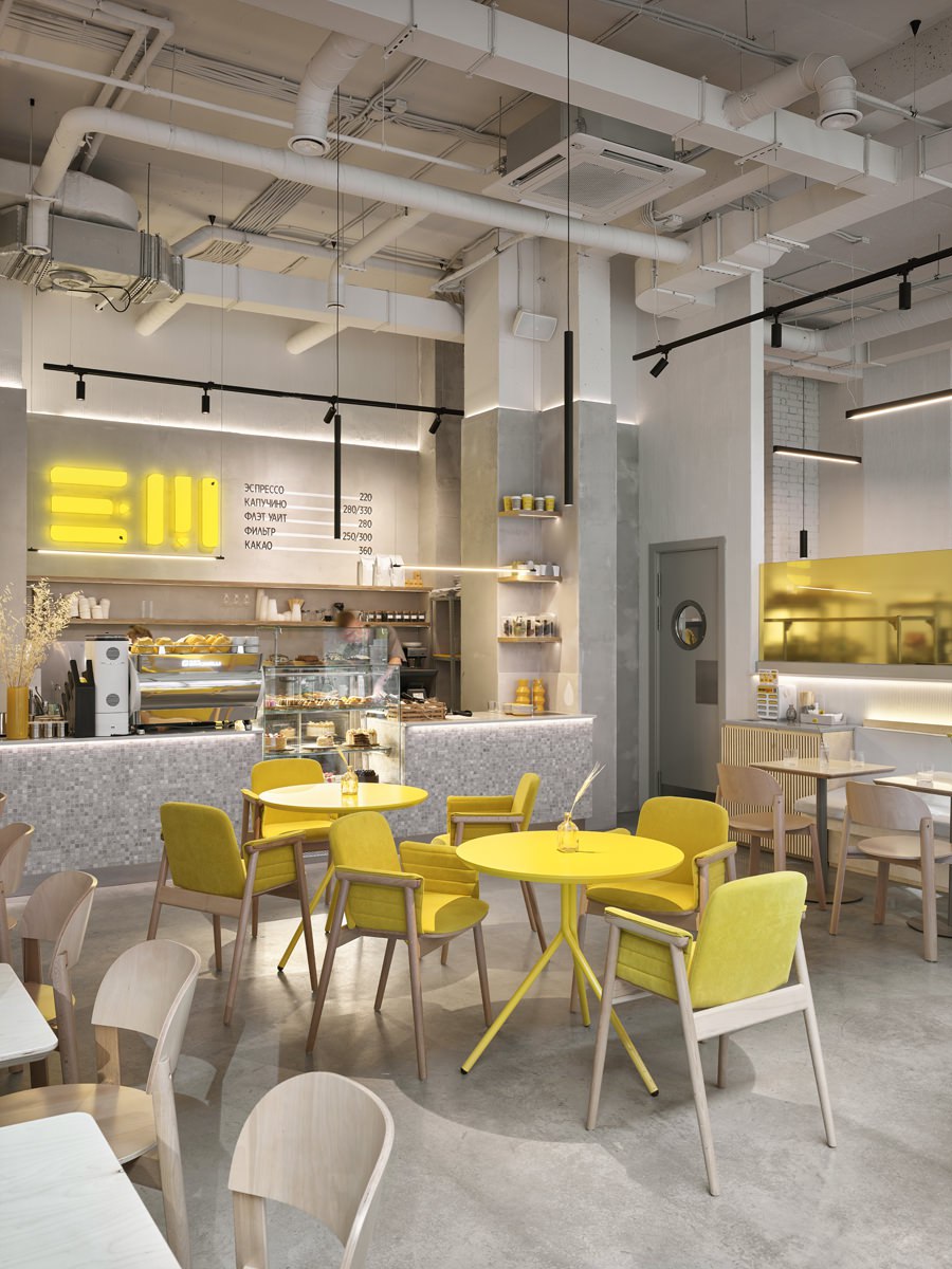 Минималистичный интерьер кафе и кондитерского цеха в жизнерадостной цветовой гамме по проекту студии Zernoburo. Смотрите на сайте wajournal | Сетка — социальная сеть от hh.ru