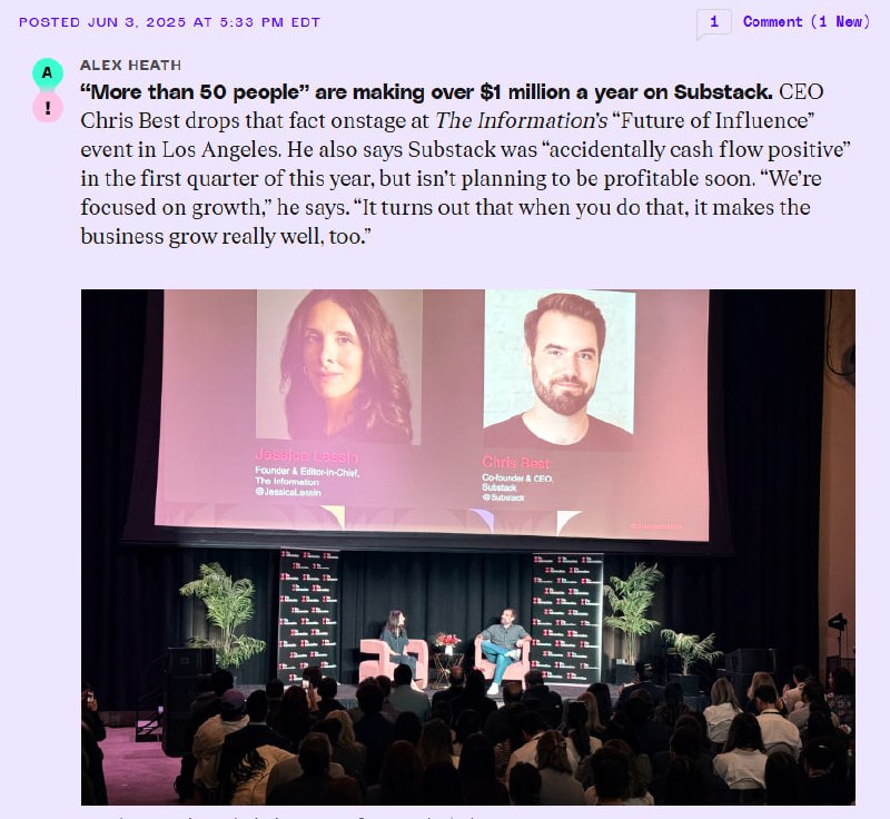 50+ авторов уже зарабатывают на Substack больше $1M в год — говорит их CEO, имея ввиду, по всей видимости, только платные подписки.
Представьте, рассказать это кому-нибудь во времена ЖЖ. | Сетка — социальная сеть от hh.ru